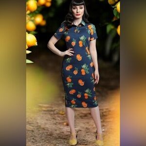 Collectif London Mirtilla Oranges Pencil Dress Blue Retro Rockabilly Size S UK10